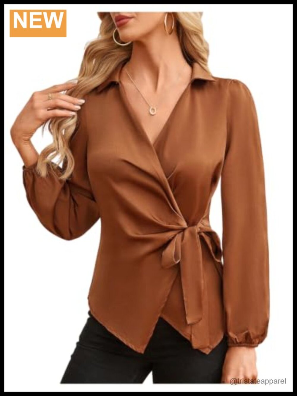 Satin Wrap Blouse Tie Side Lantern Sleeve Work Top